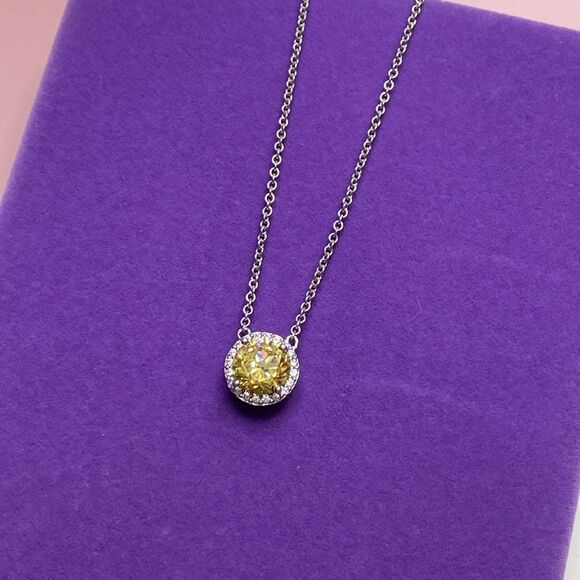 💛 925 Yellow & White CZ Halo Necklace - Picture 2 of 7
